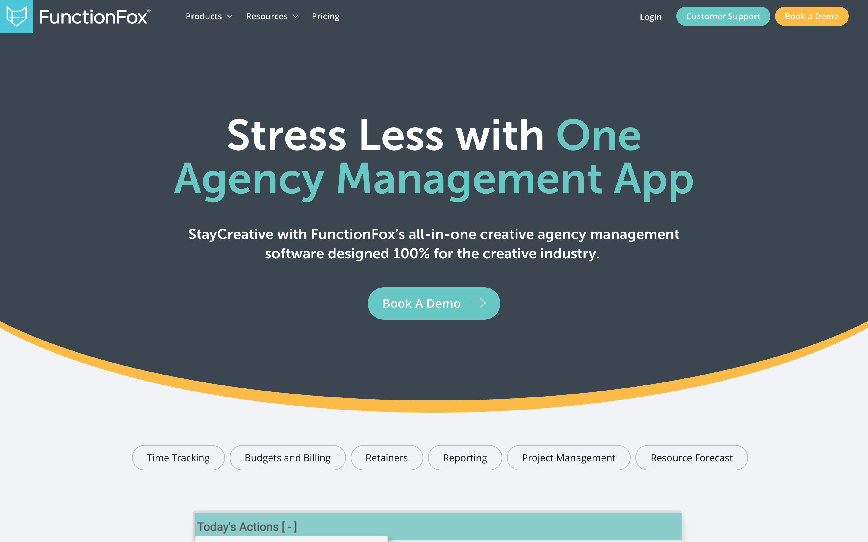 FunctionFox's homepage, positioning the product as an agency management app built for the creative industry