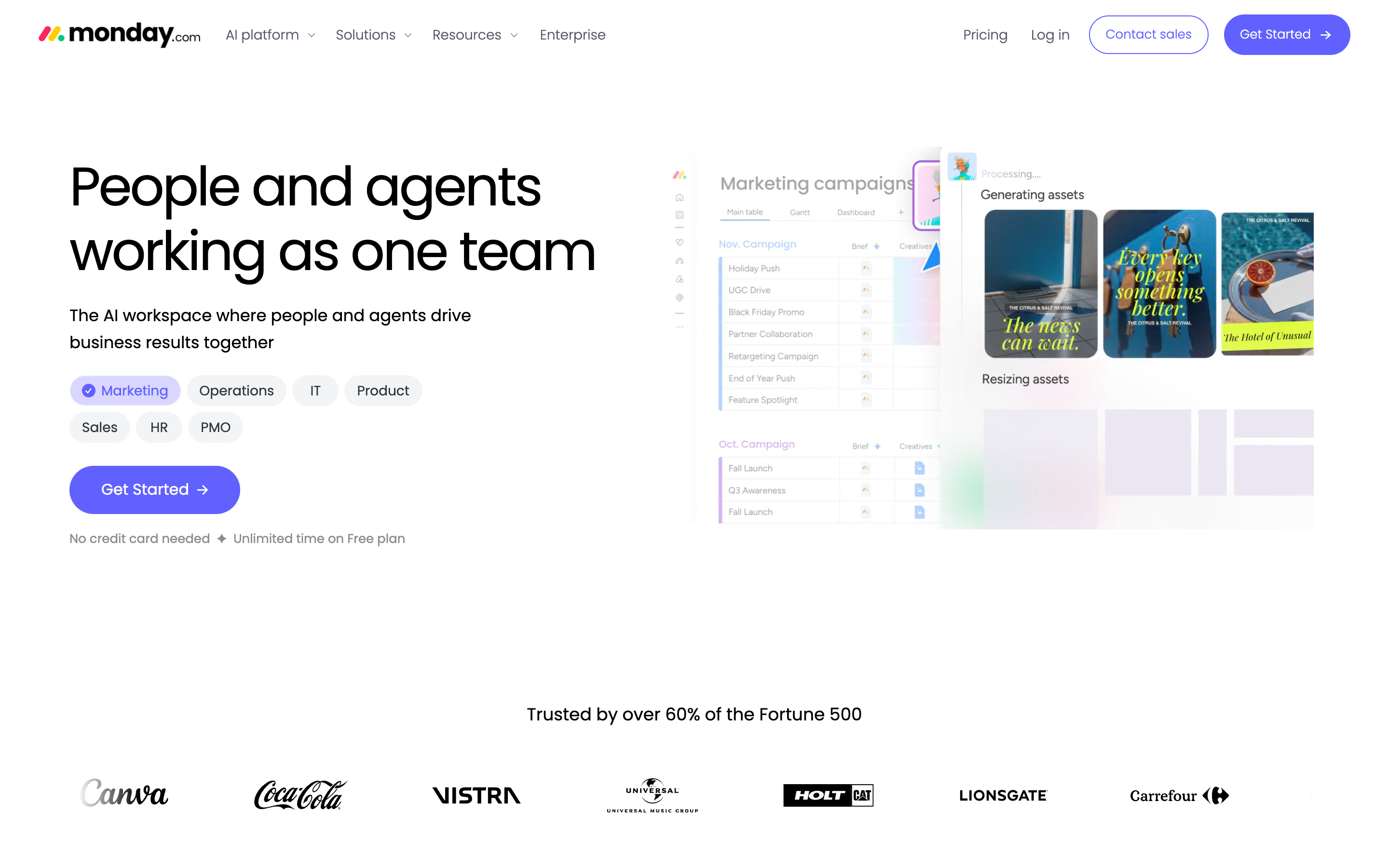 monday.com's homepage, positioning the product as an AI workspace where people and agents work together