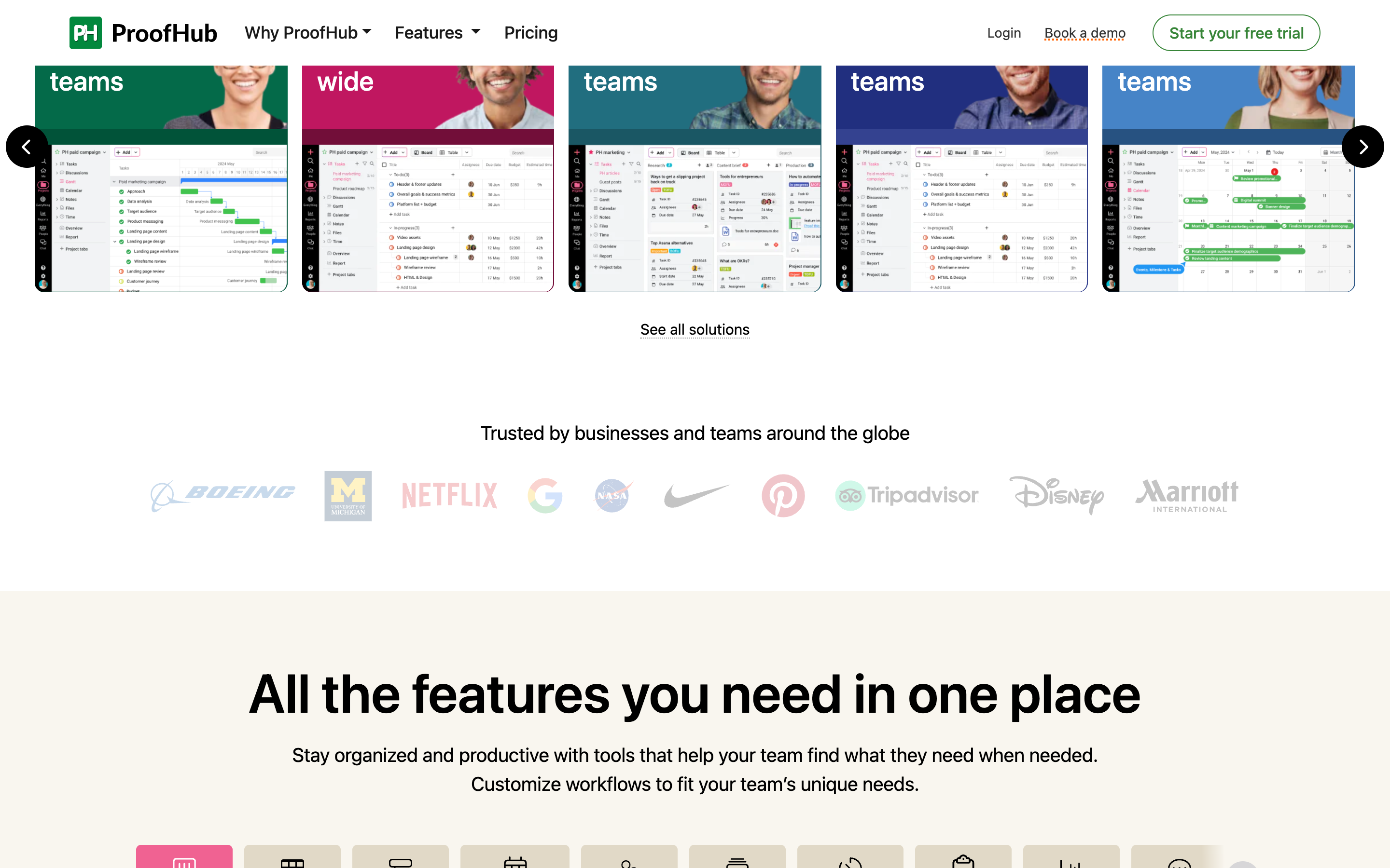 ProofHub's homepage, describing project management and team collaboration software for teams of all sizes