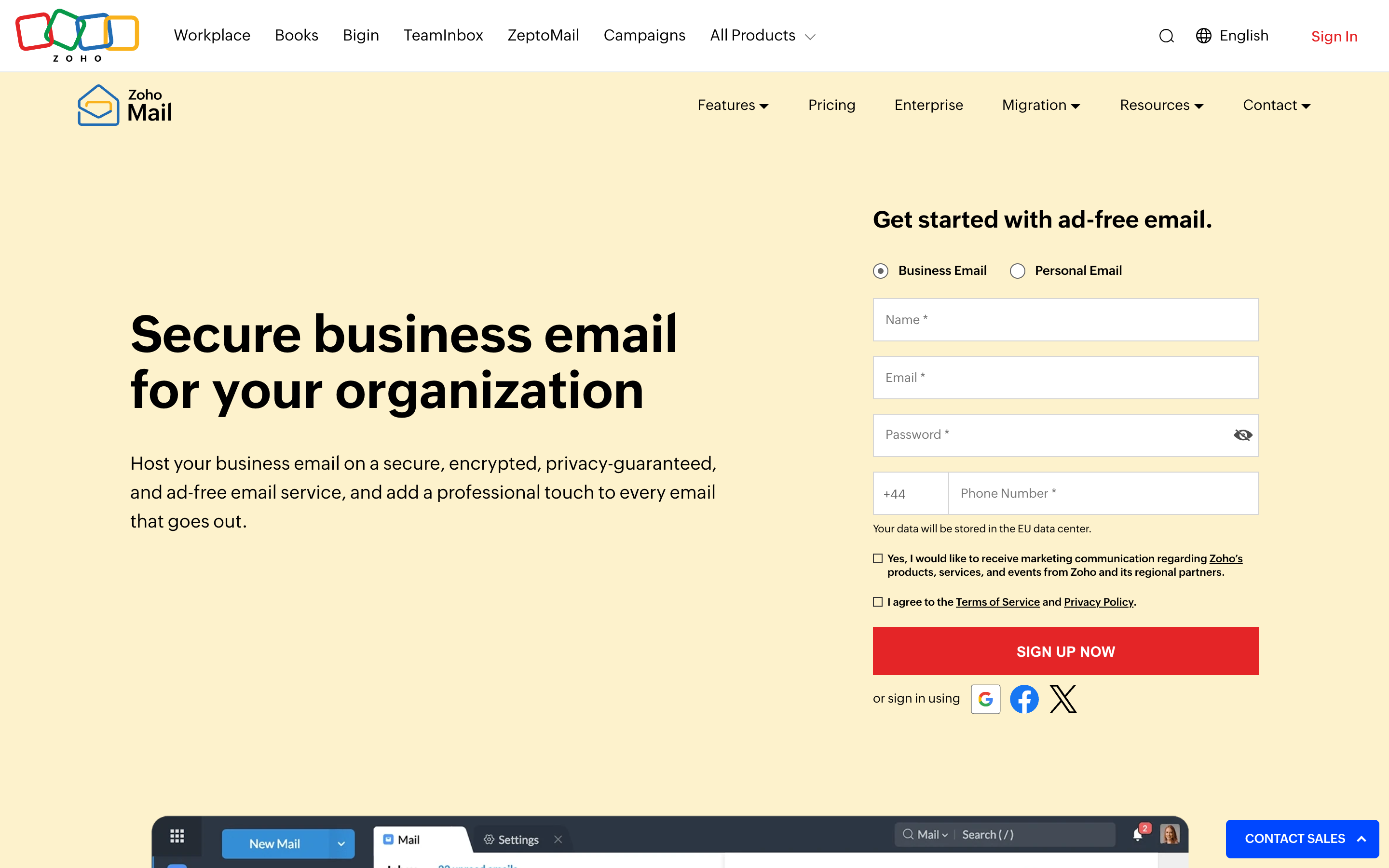 Zoho Mail homepage