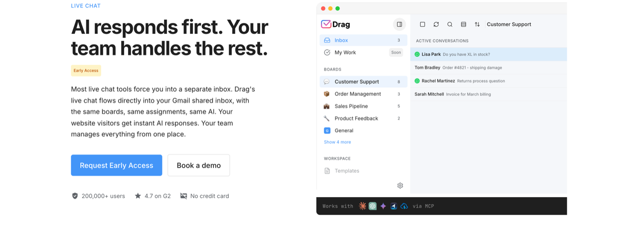 Drag live chat arriving in the Gmail shared inbox queue