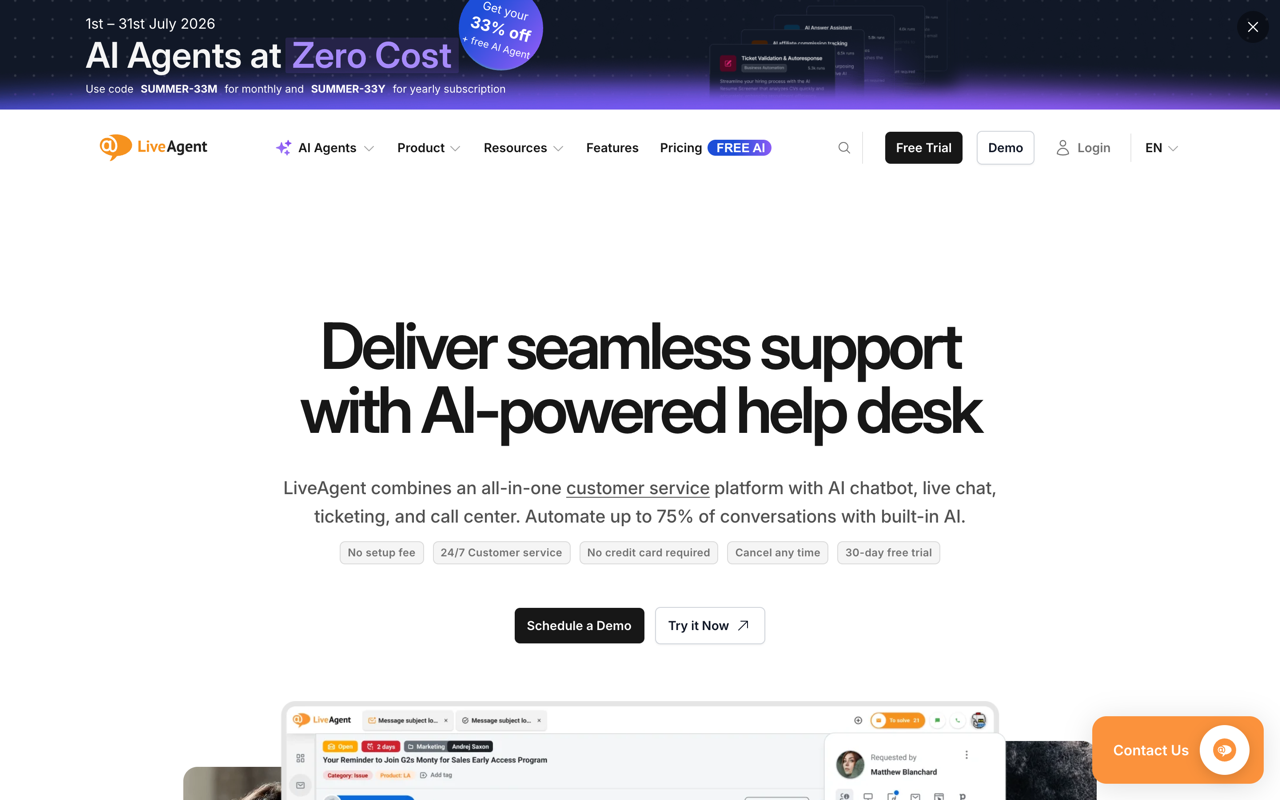 LiveAgent AI-powered help desk homepage