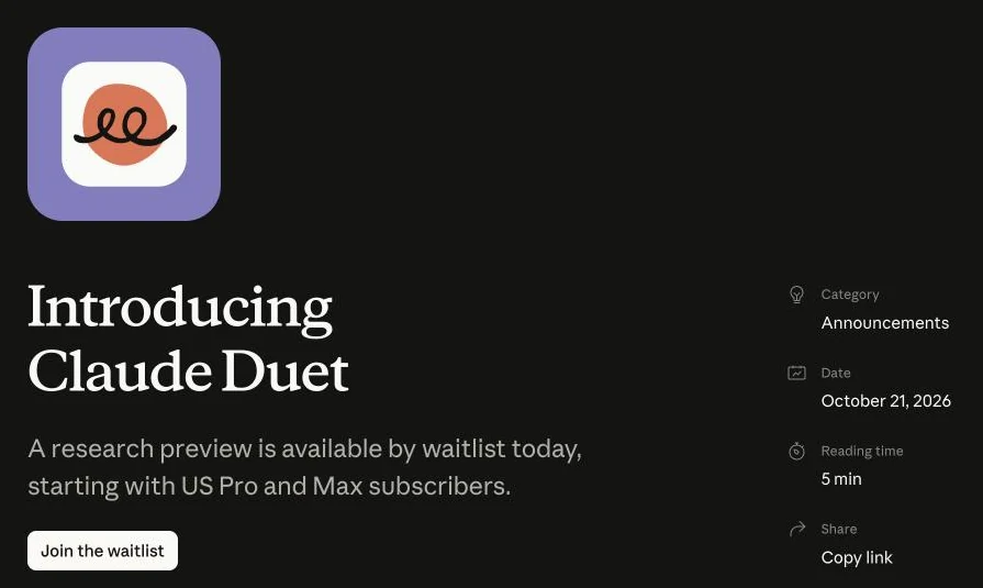 Anthropic's announcement page for Claude Duet, October 21, 2026: the Claude Duet app icon above the headline Introducing Claude Duet.
