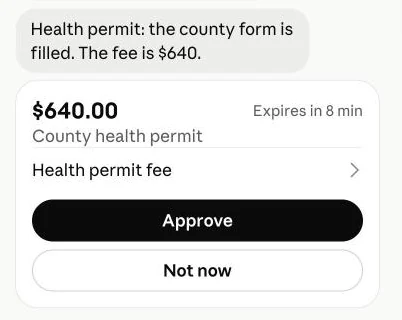 Claude Duet's approval card in Anthropic's demo: a $640 county health permit fee with Approve and Not now buttons, after Duet filled in the form.