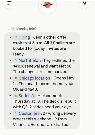Claude Duet's demo on Anthropic's product page: a morning brief listing five items, from a hiring deadline to 27 wrong delivery orders over the weekend with refunds already drafted.