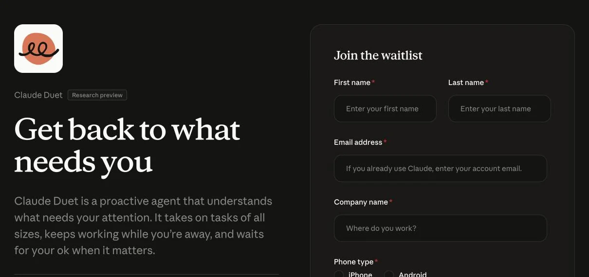 The Claude Duet product page: the app icon, a Research preview label, the headline Get back to what needs you, and the waitlist form asking for name, email address, company and phone type.
