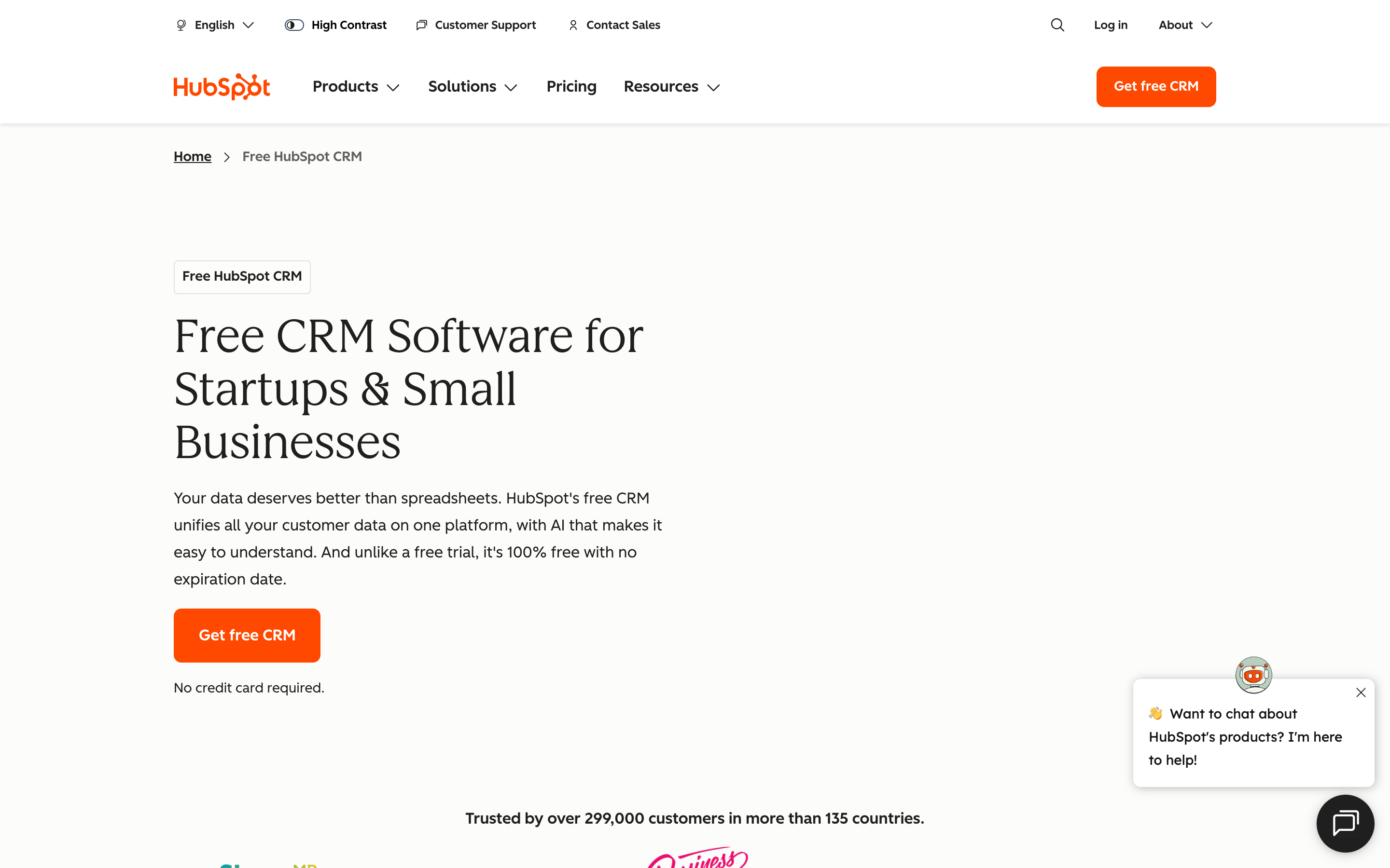 HubSpot's free CRM product page, showing a contact record with note, email, call and task actions