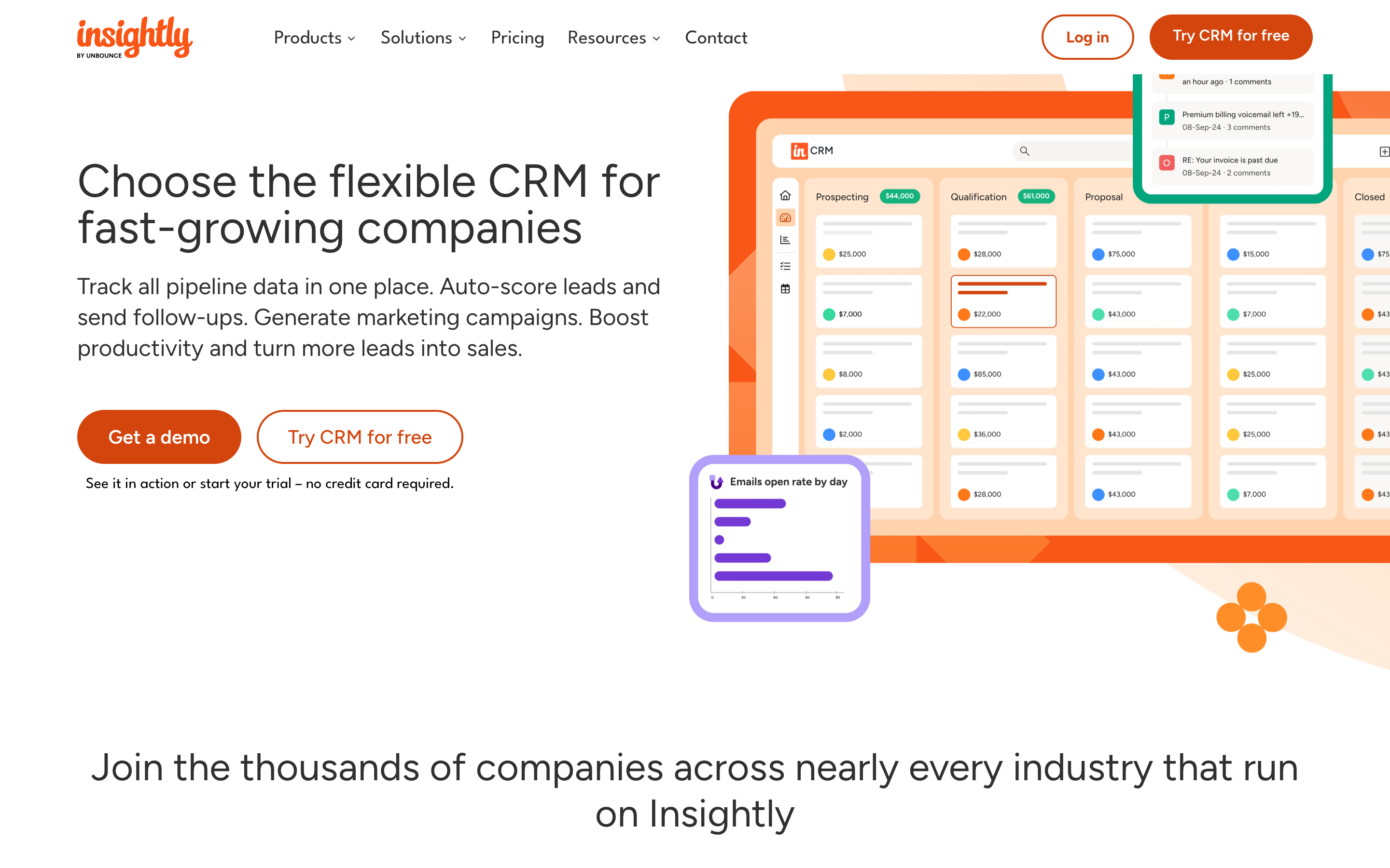 Insightly's homepage, showing a CRM pipeline board with deal values by stage