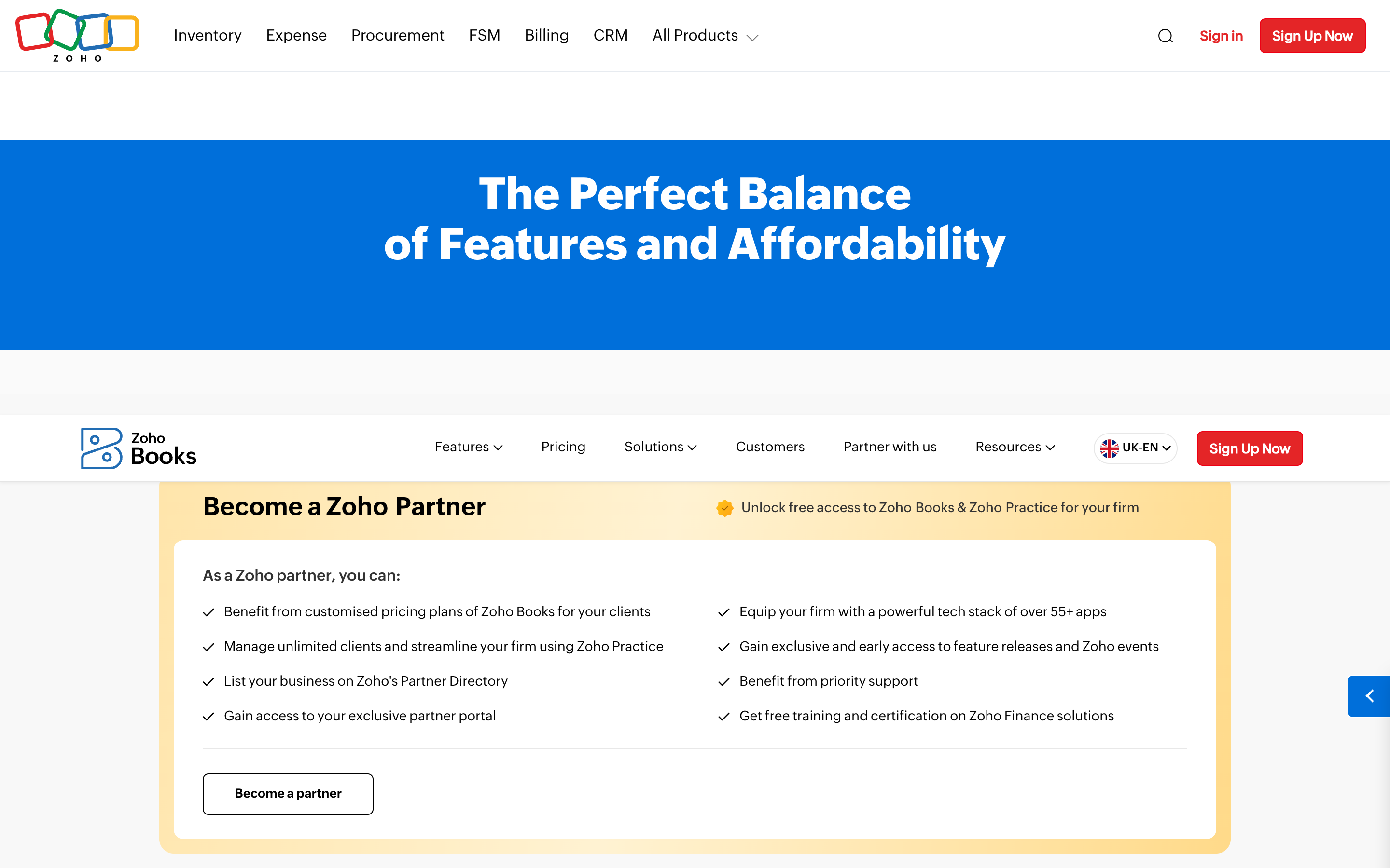 Zoho Books' pricing page with the Accountants and Bookkeepers tab selected, showing its partner program for firms