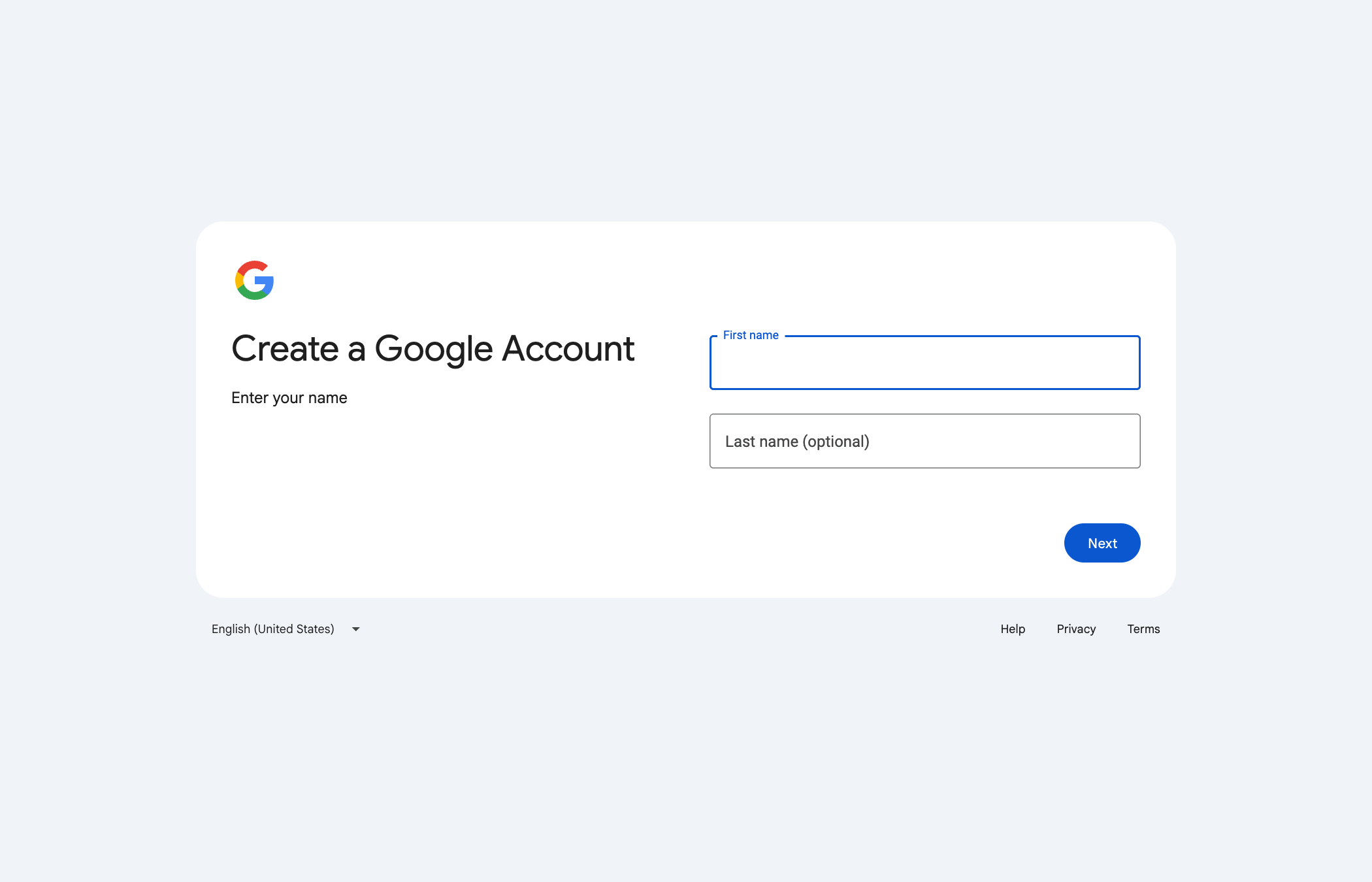 Create a Google Account, the name step of Google's current signup flow