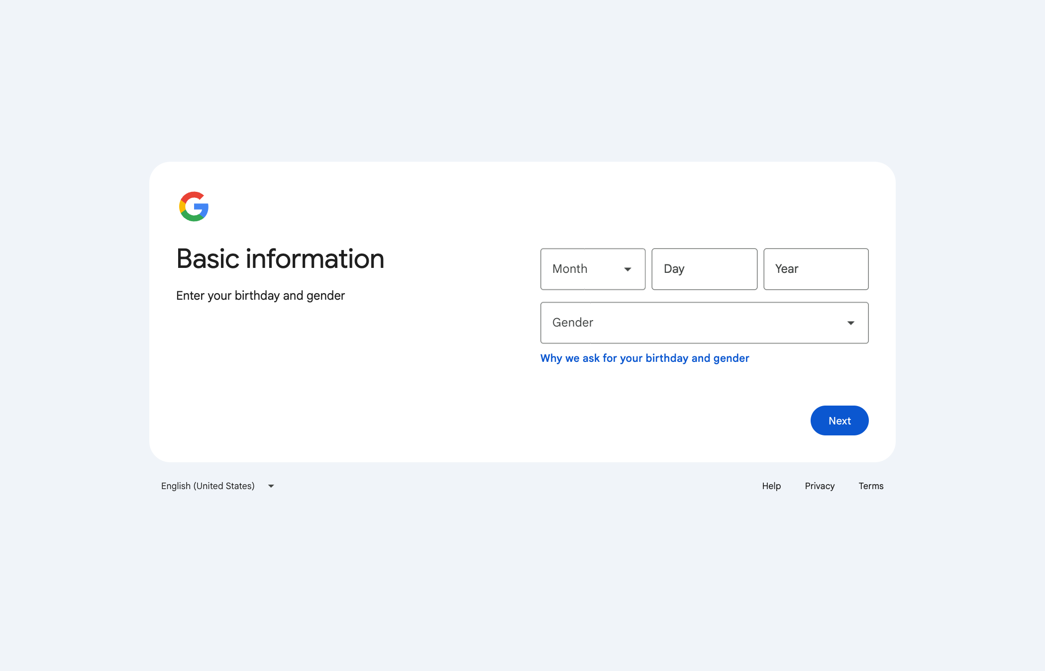 The basic-information step of Google's signup: birthday and gender