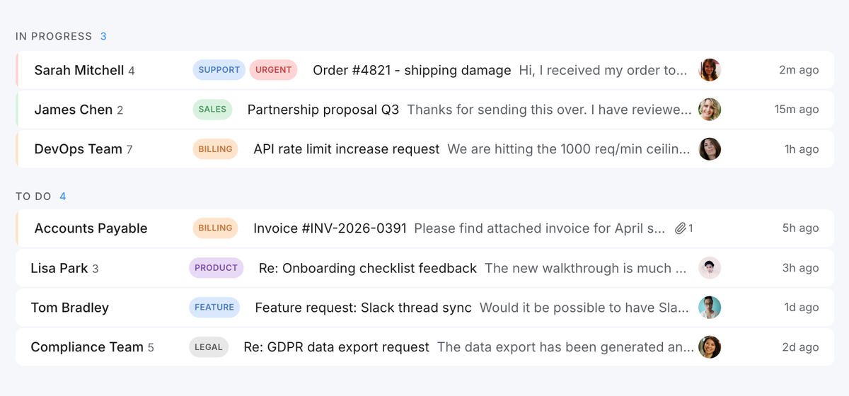 A shared inbox tool layer: one team address as an assignable board inside Gmail.