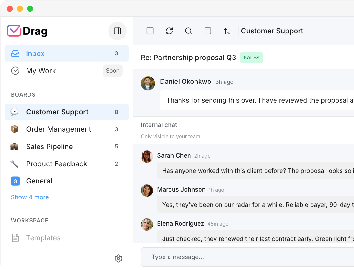 Drag shared inbox card with internal team chat