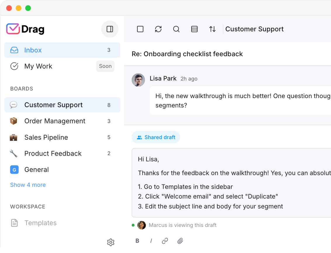 Drag shared drafts: a reply drafted in the shared inbox, visible to the whole team for review before anyone presses send