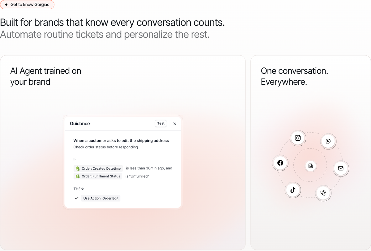 Gorgias's AI Agent rule builder, configuring automated resolution behavior