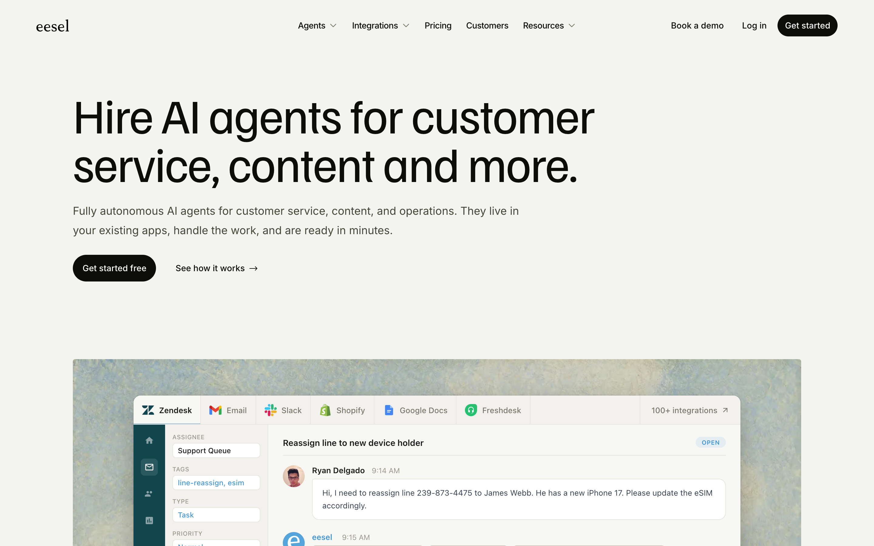 eesel's homepage, offering AI agents that work inside your existing customer service tools