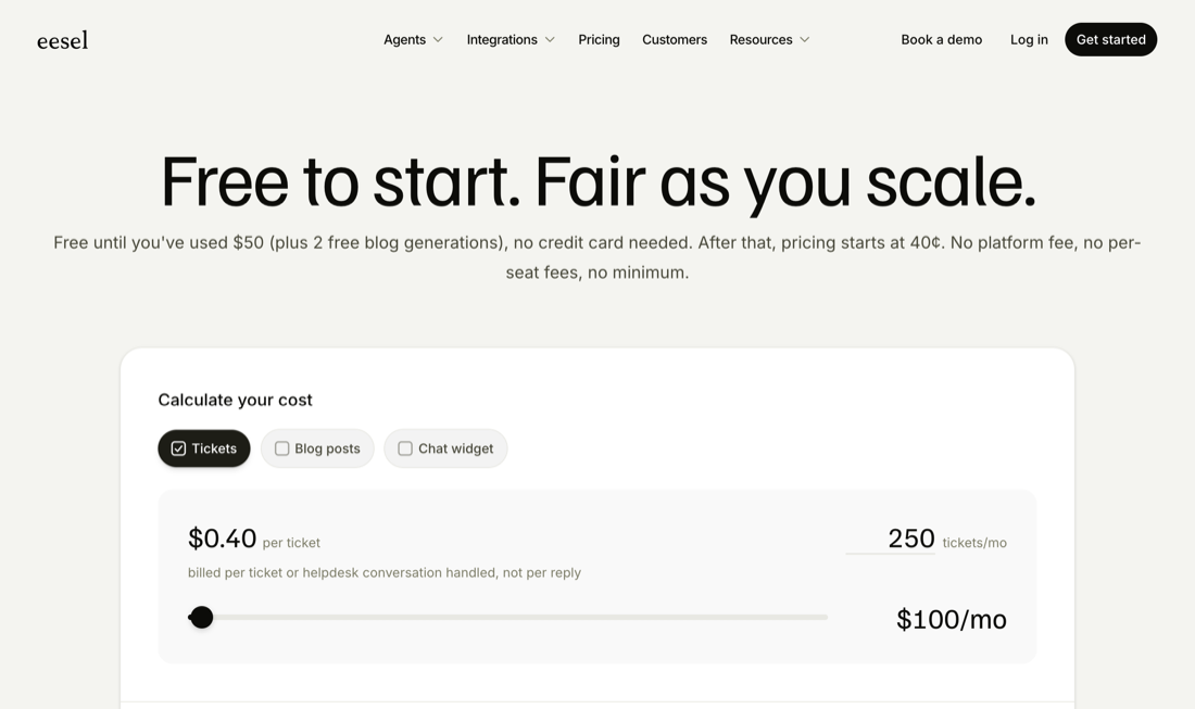 eesel AI pricing page showing the flat pay-per-task model