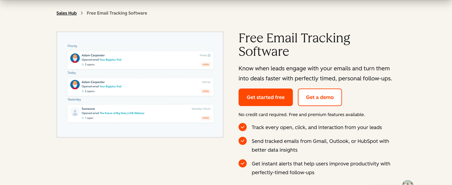 HubSpot's email tracking product page, showing a feed of tracked email opens by contact and time