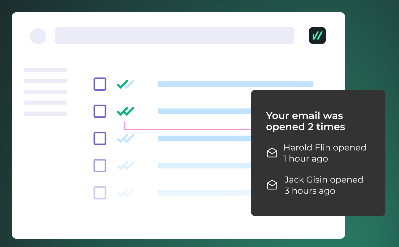 Mailsuite's tracking panel on a message list, with a tooltip reading that the email was opened 2 times and naming who opened it and when