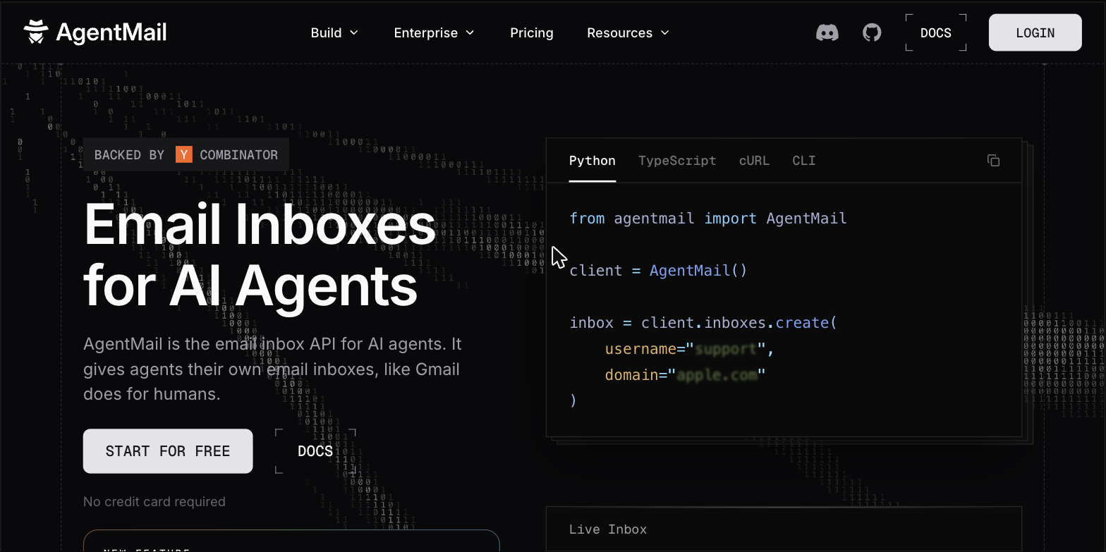AgentMail's homepage: email inboxes for AI agents, with inboxes created by API call