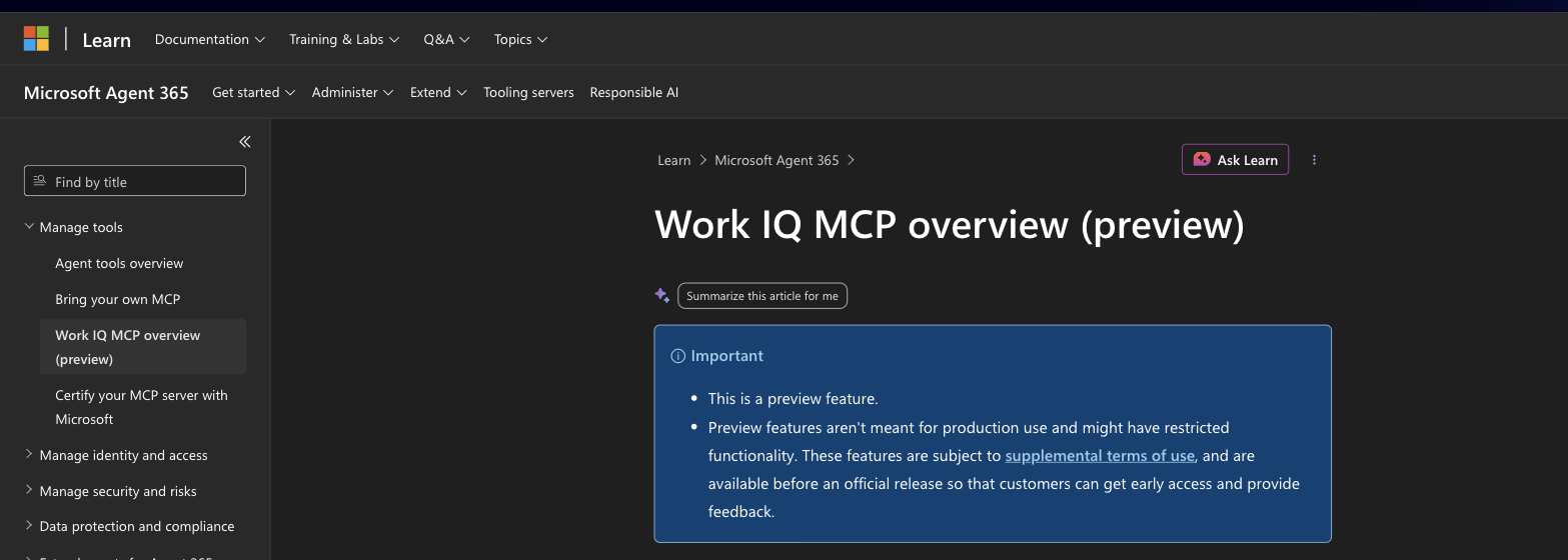 Microsoft Learn: the Work IQ MCP overview page for Microsoft Agent 365, marked as a preview feature not meant for production use