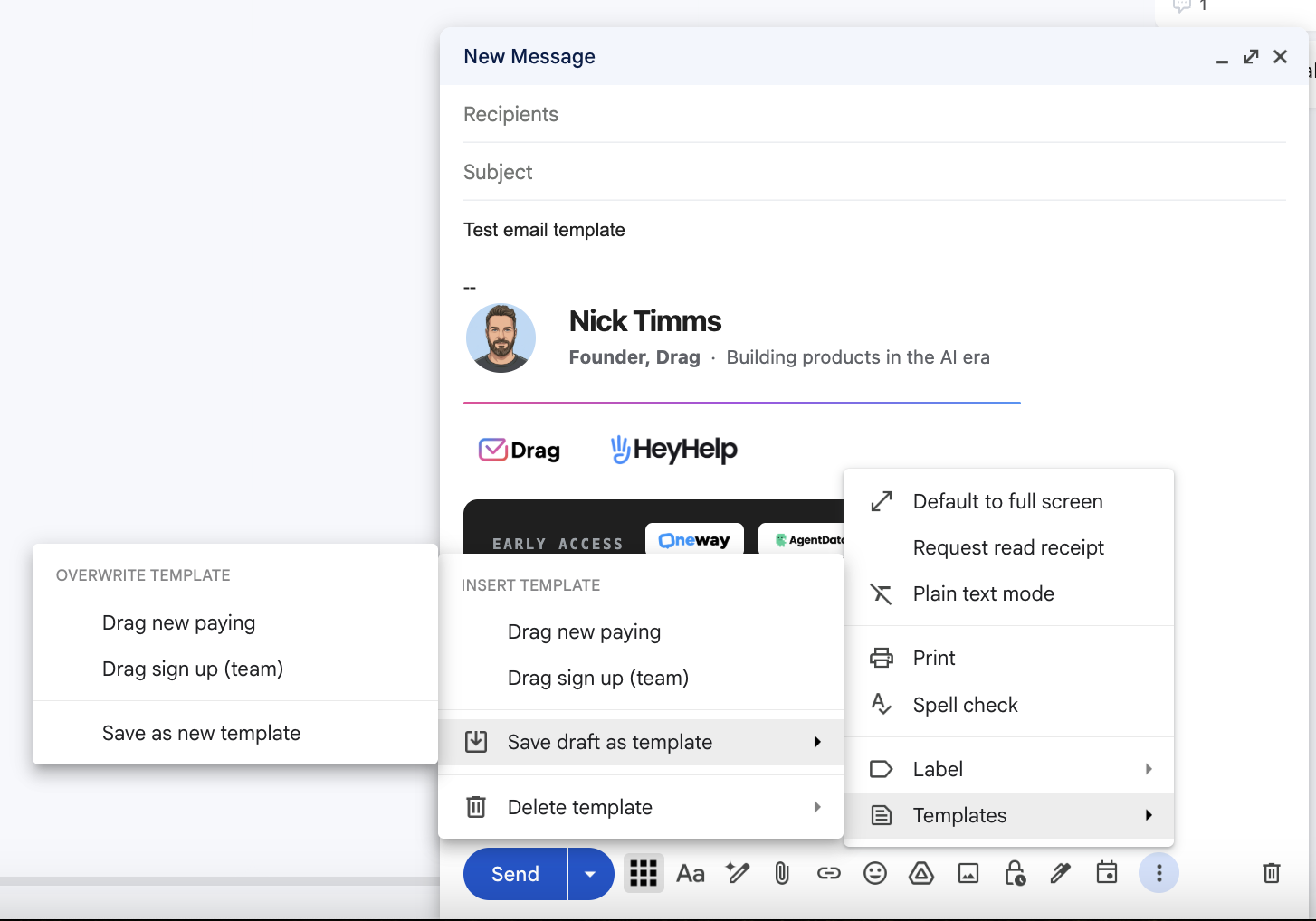 Gmail compose window showing the Templates menu with Save draft as template option