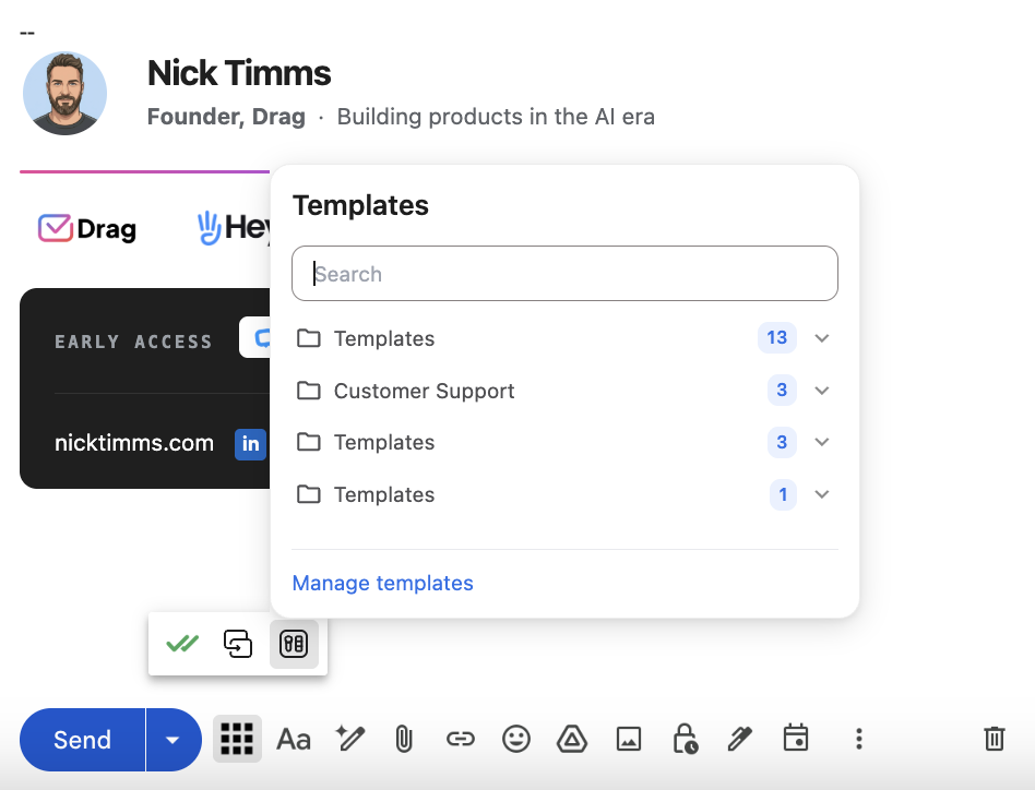 Drag template picker in the Gmail compose window