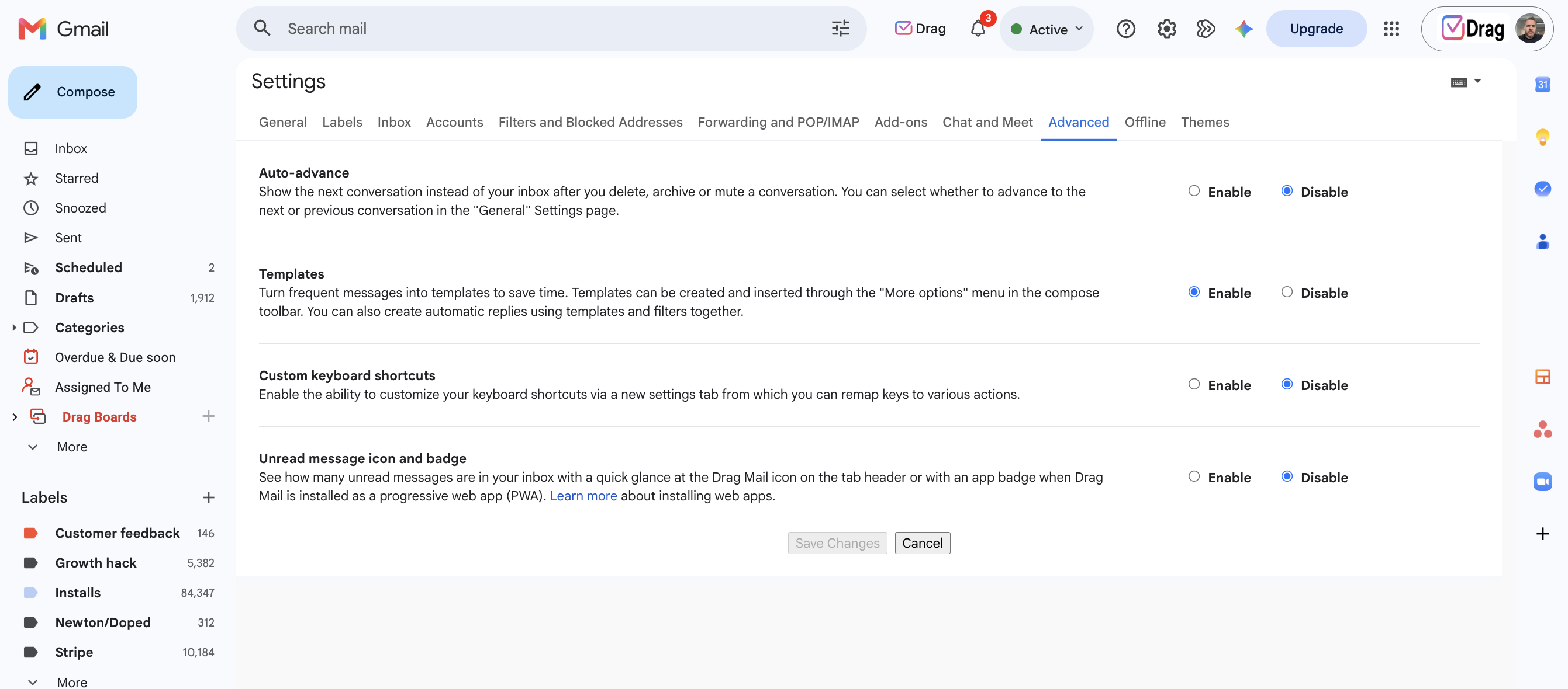Gmail Settings Advanced tab with Templates enabled