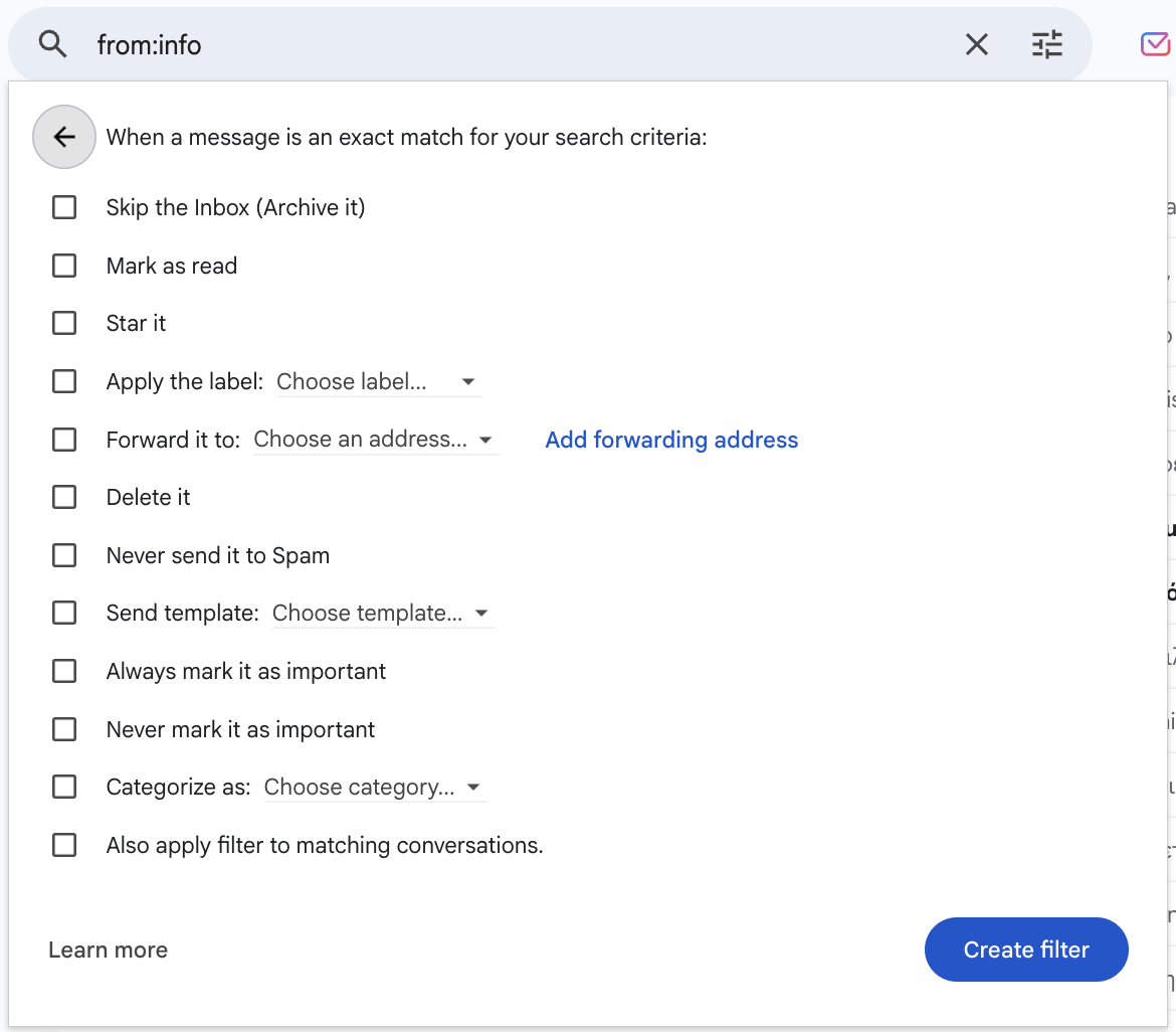 Gmail filter action with Send template option