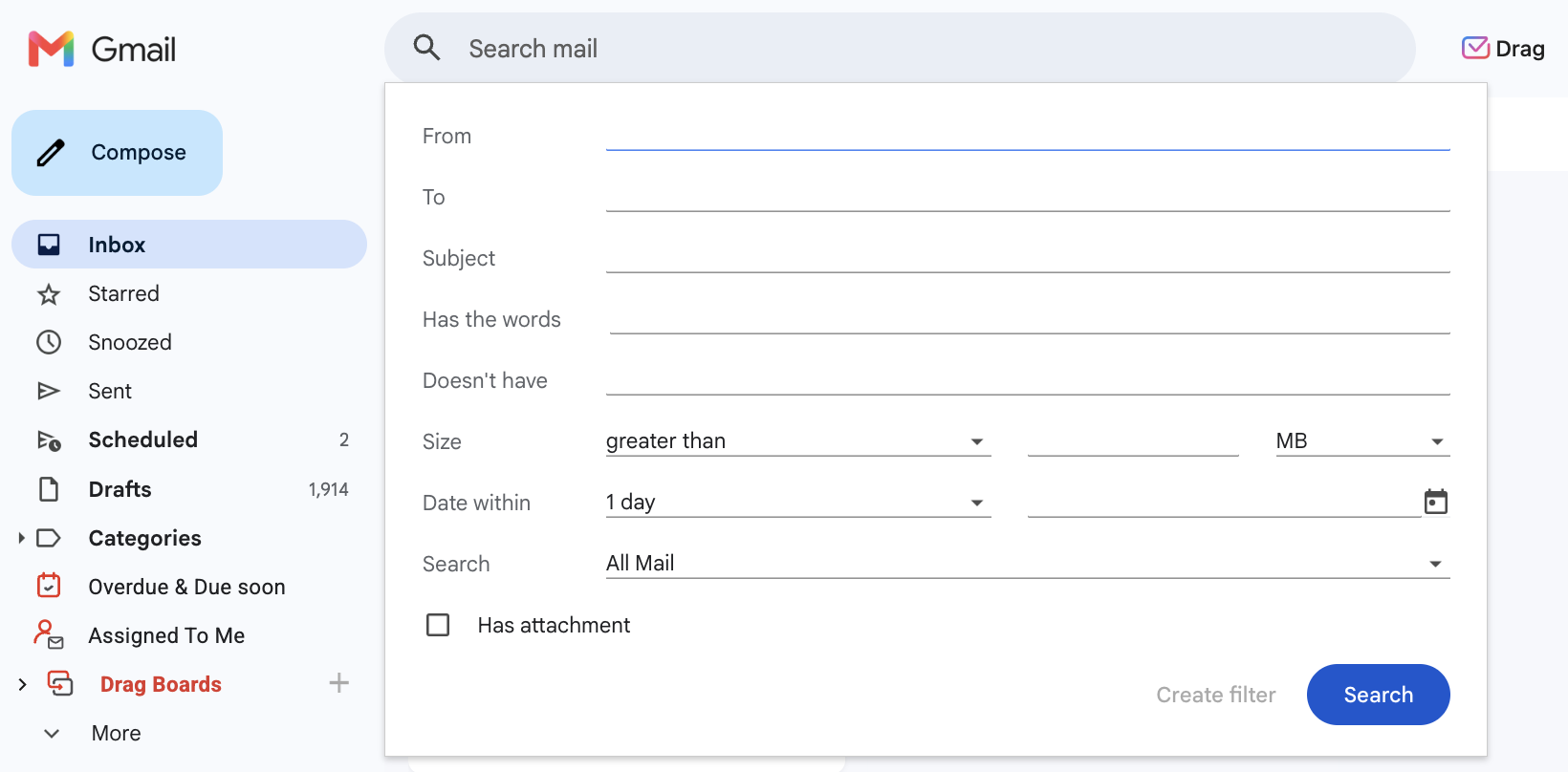 Gmail filter creation dialog