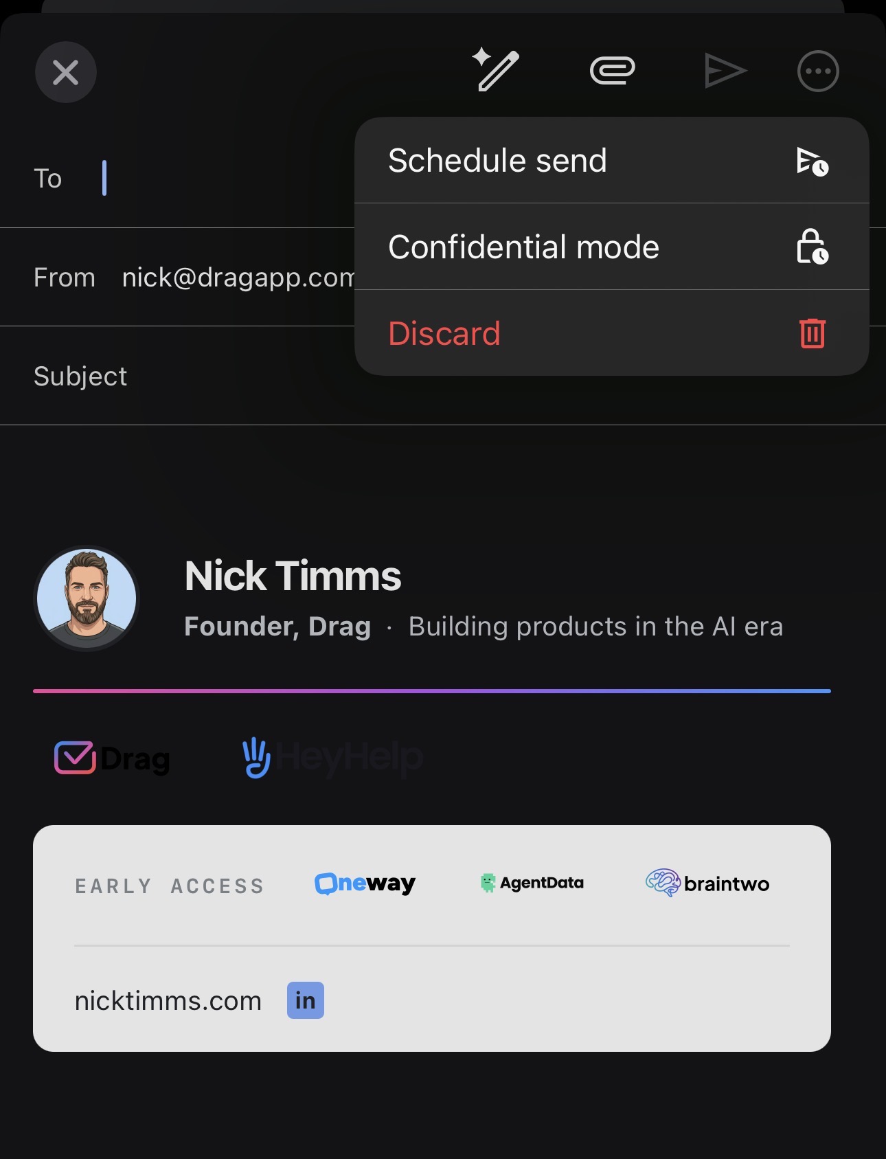 Gmail mobile app compose screen with no Templates option in the menu
