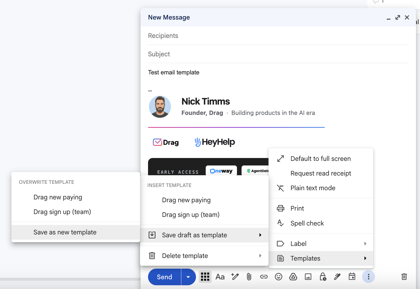 Gmail compose window showing Overwrite Template and Delete Template options