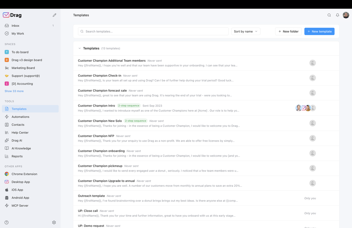 Drag shared templates dashboard inside Gmail