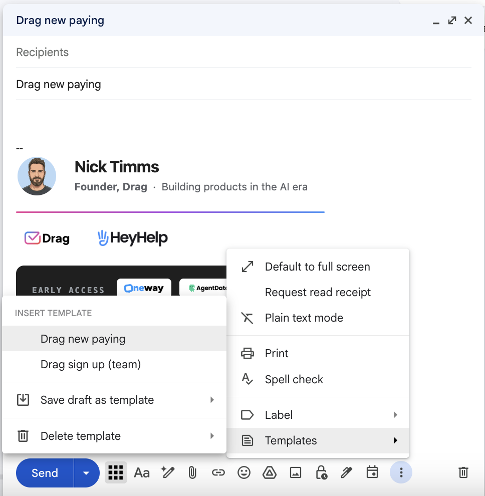 Inserting a saved template from the Gmail compose menu