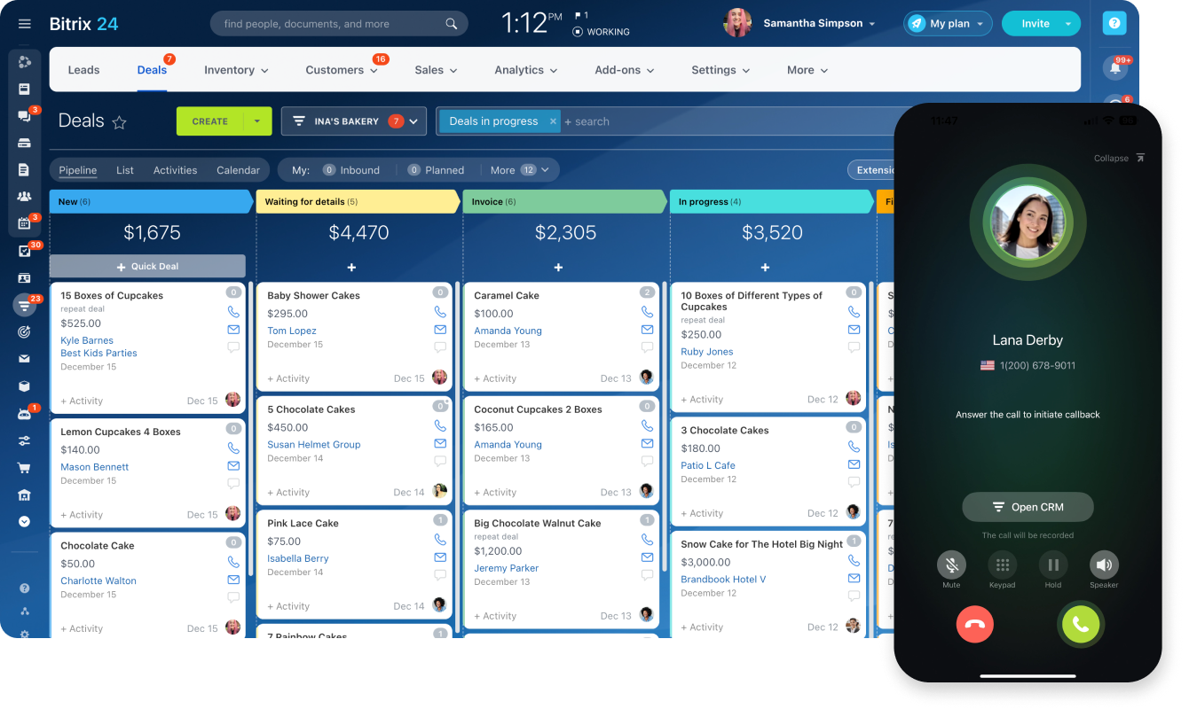 Bitrix24 deals pipeline with mobile call screen