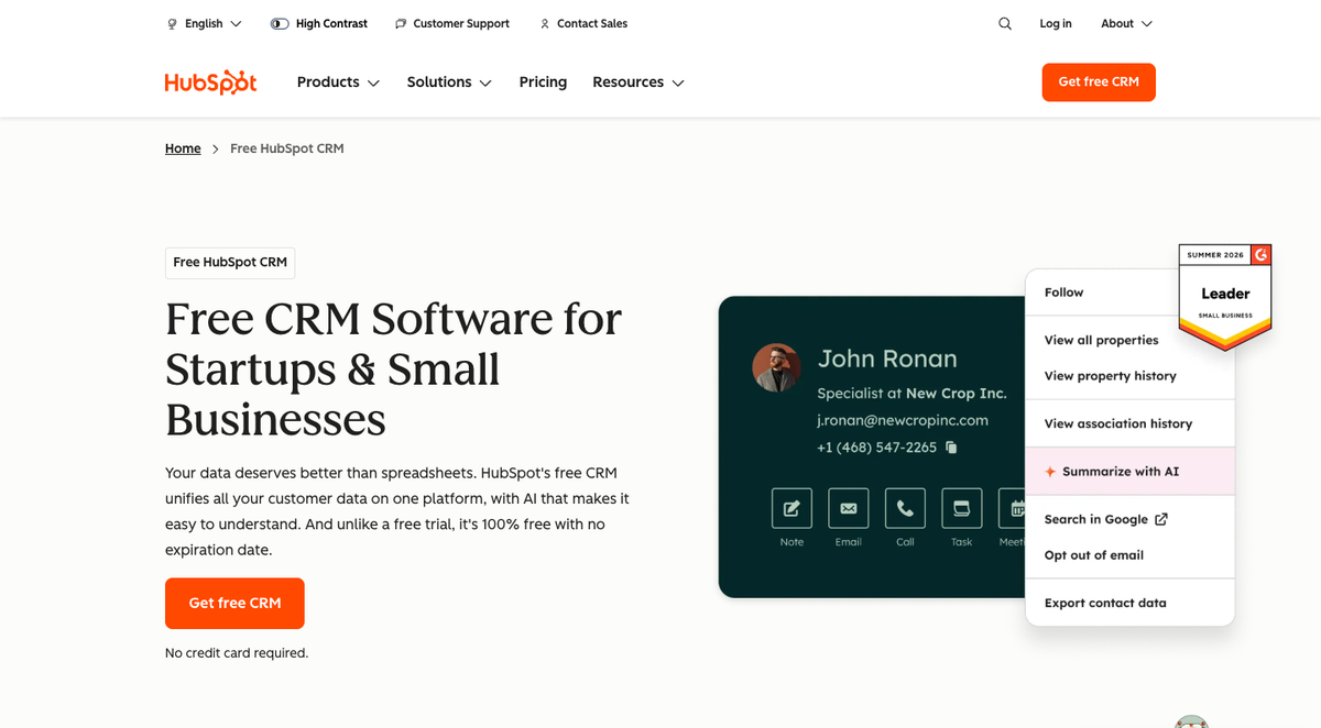 HubSpot free CRM homepage