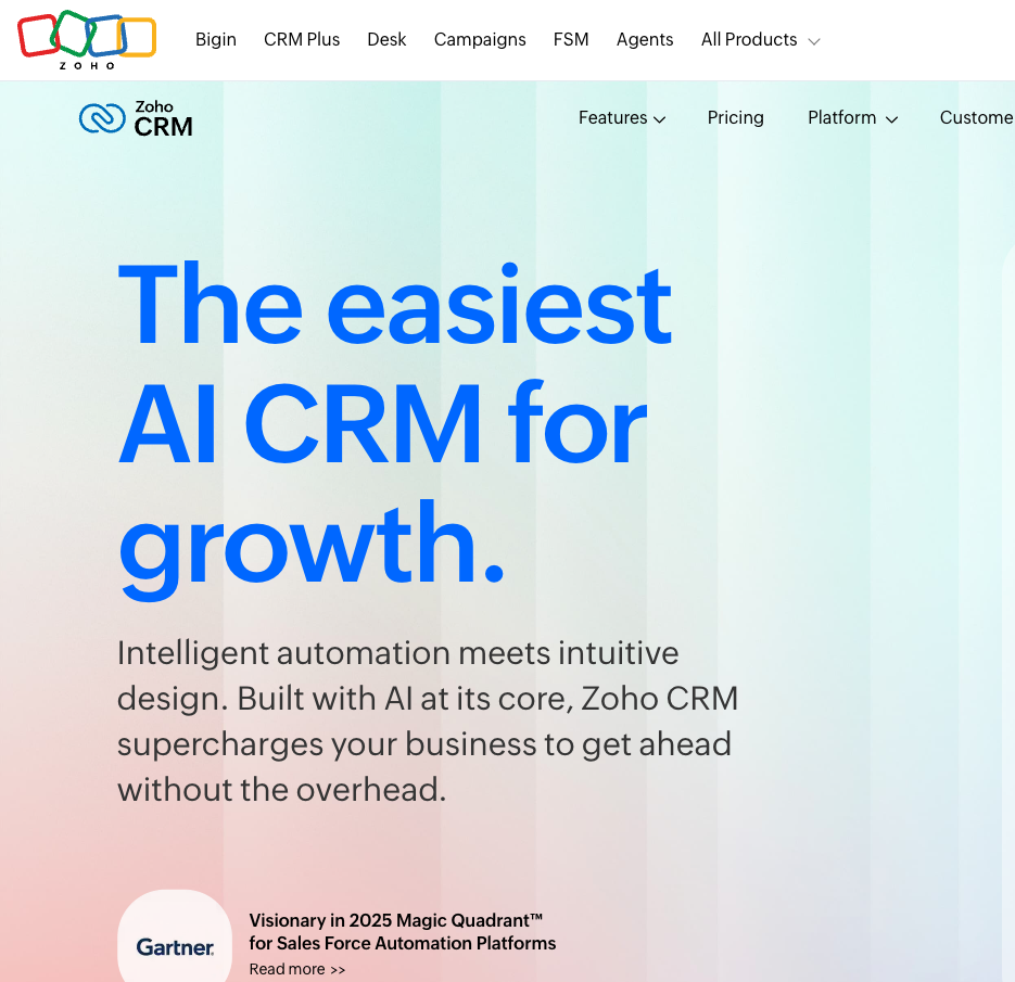 Zoho CRM homepage hero
