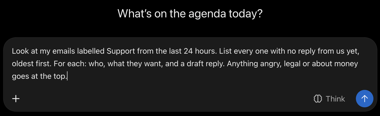 ChatGPT message box with the same morning triage prompt typed in, not yet sent