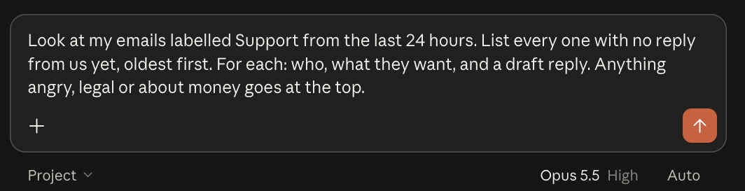 Claude chat box with the morning triage prompt typed in, not yet sent