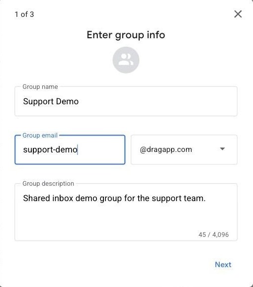 Google Groups create dialog: group name Support Demo, group email support-demo at dragapp.com, a short description