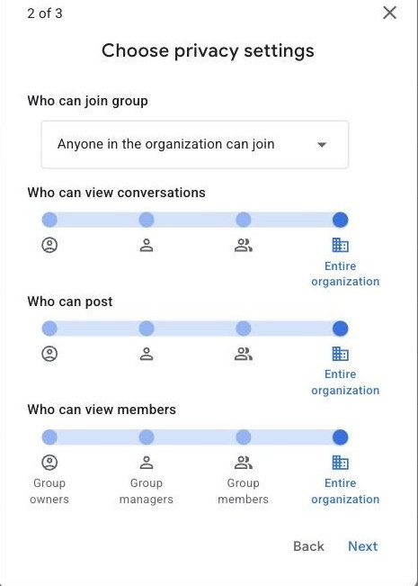 Google Groups privacy step: who can join, who can view conversations, who can post, who can view members, each set to entire organisation