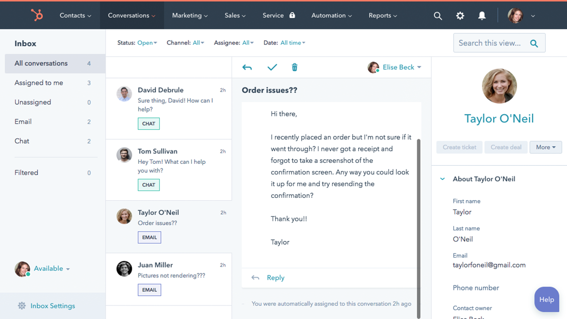HubSpot Service Hub's free shared inbox and ticketing view