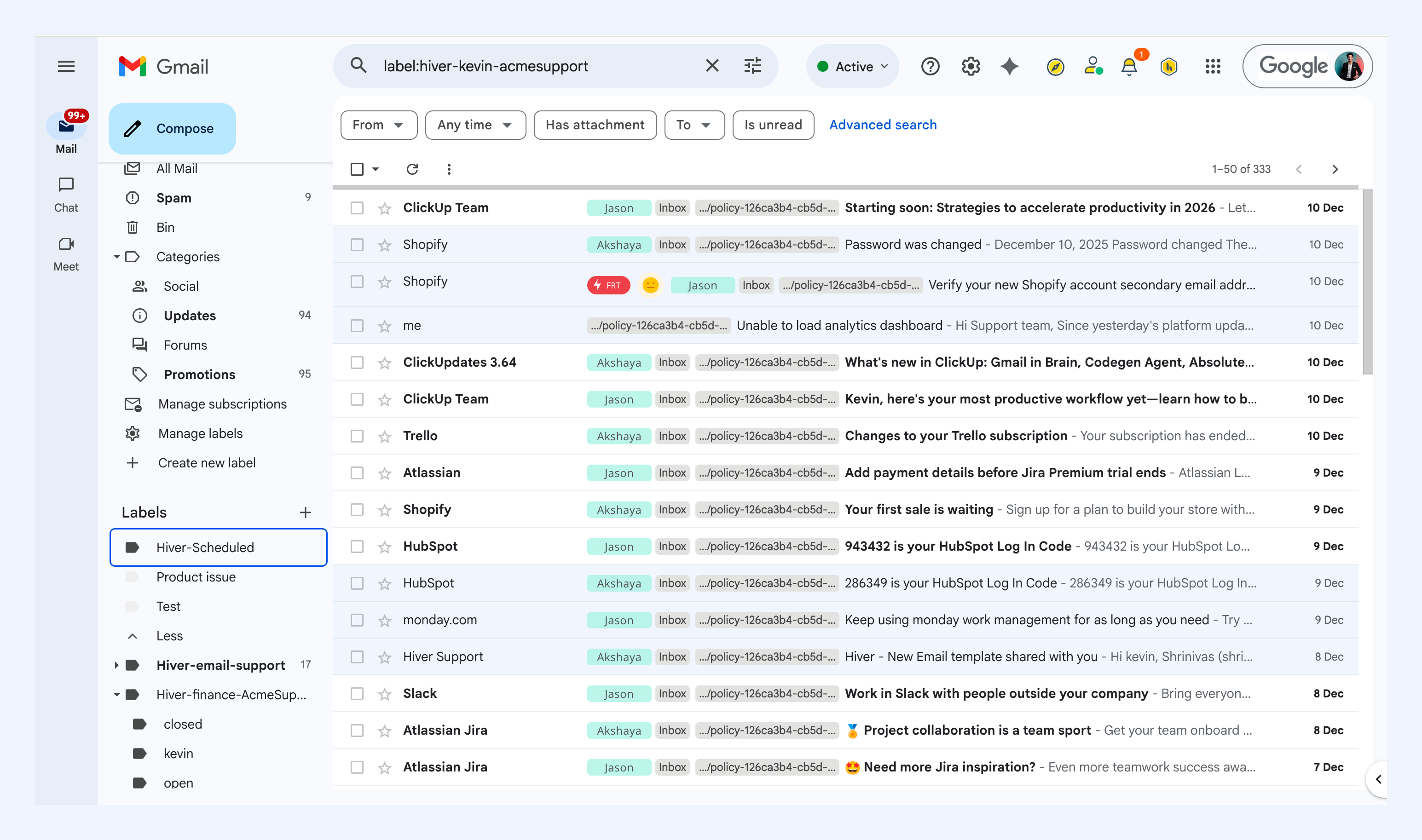 Hiver shared inbox inside Gmail