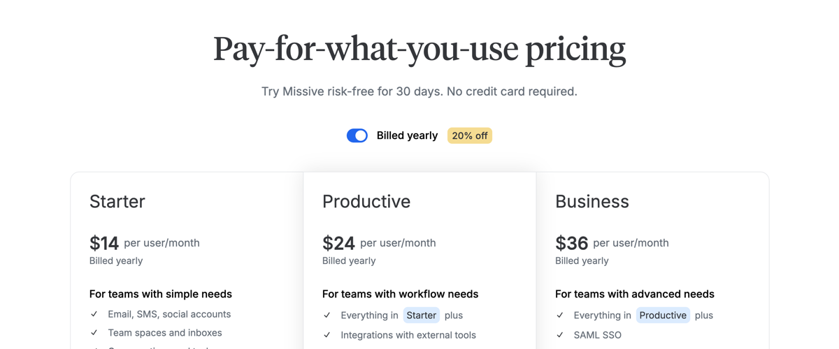 Missive pricing in 2026