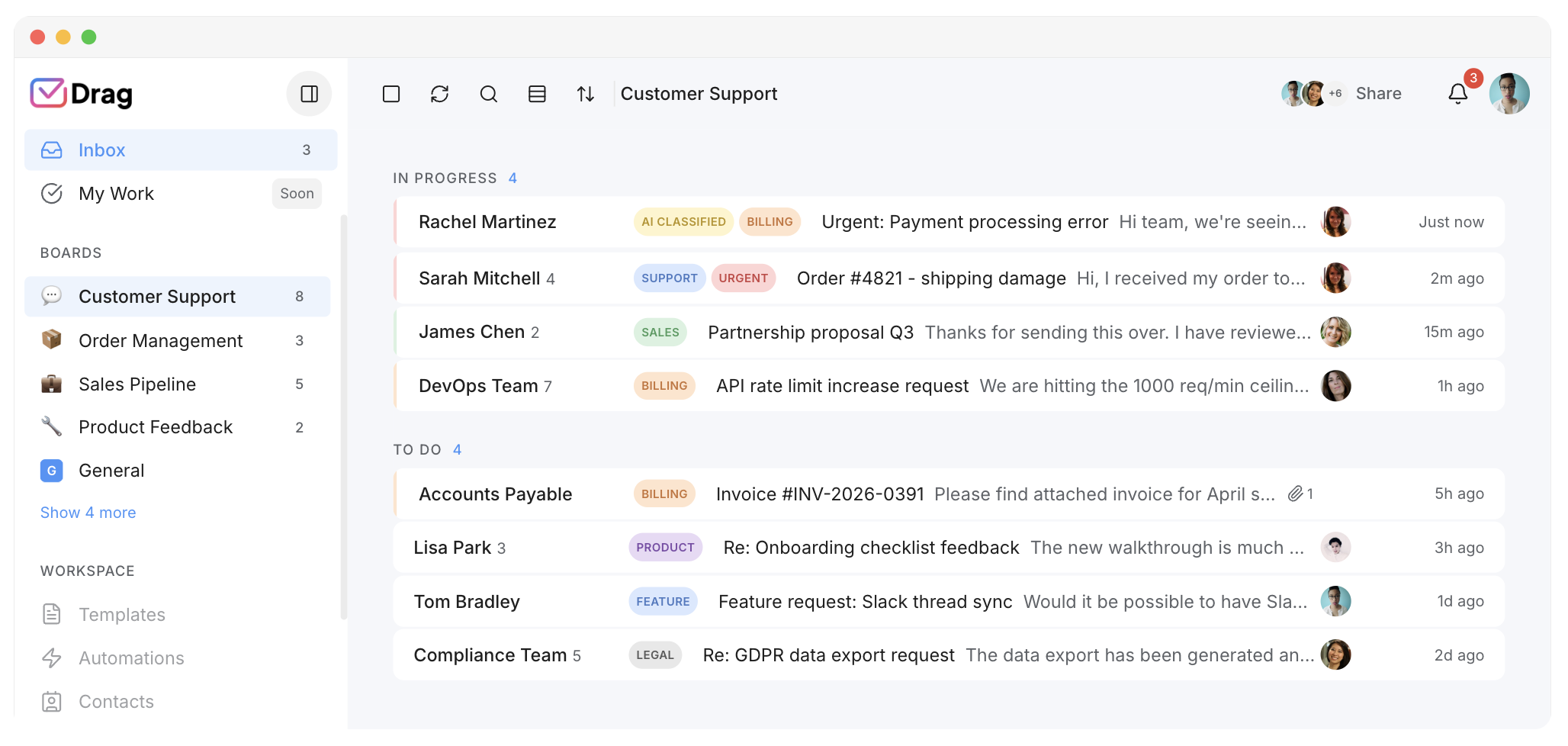 DragApp shared inbox in Gmail, a Fyxer alternative built for teams