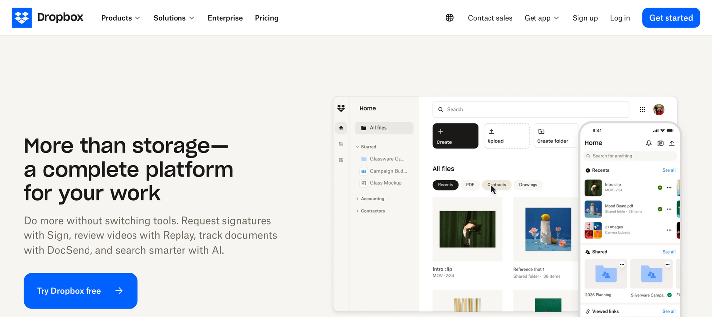 Dropbox's homepage, showing its file workspace with a folder view on desktop and mobile