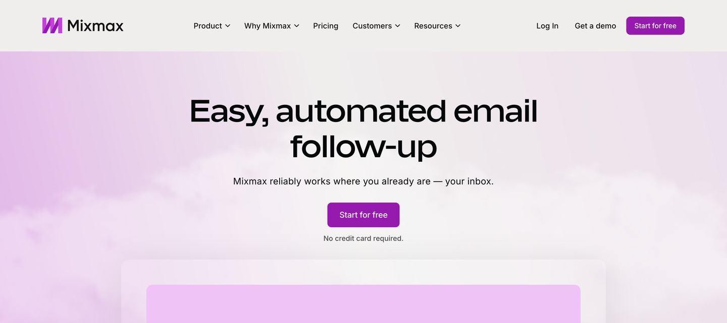 Mixmax's homepage, positioning the product as automated email follow-up that works in your inbox