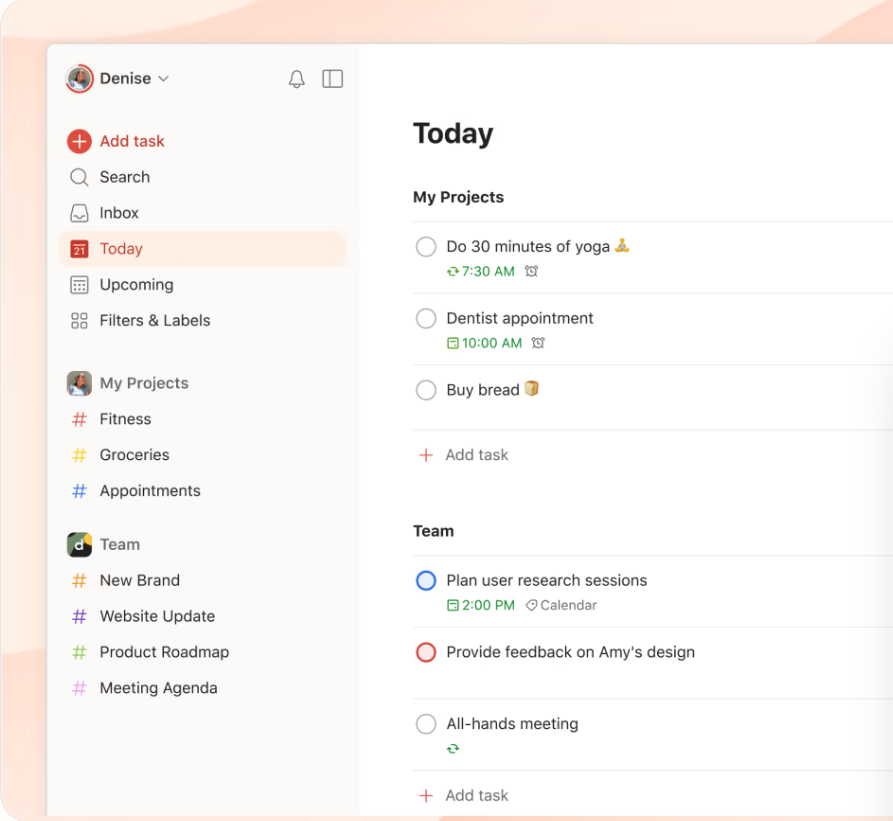The Todoist app showing a Today view with personal and team projects in the sidebar