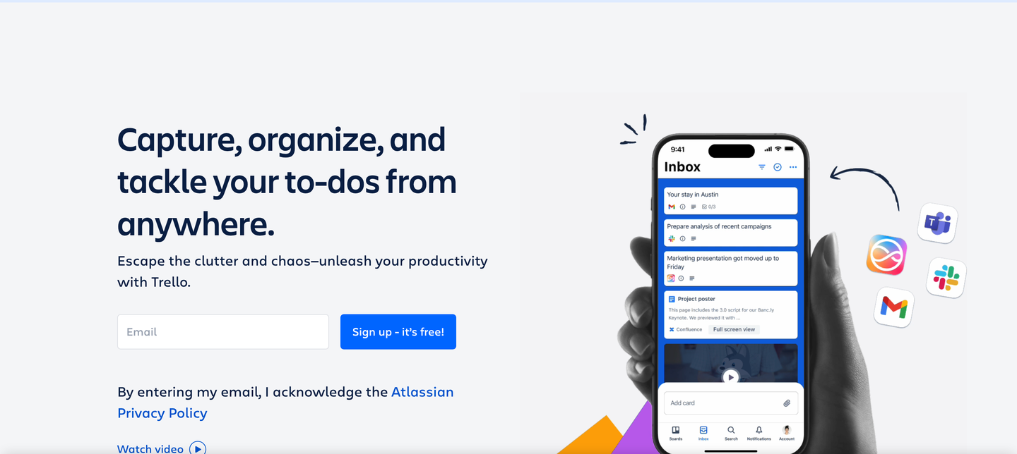 Trello's homepage, showing its board and inbox views on a phone