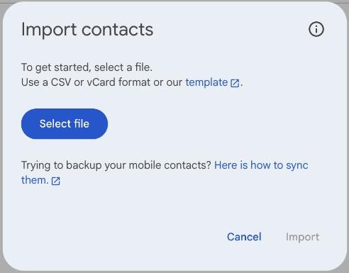 The Import contacts dialog in Google Contacts, with a Select file button and a link to Google's CSV template.